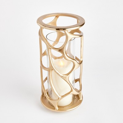Gold Aluminum and Glass Hurricane Candle Holder