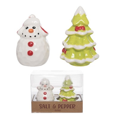 Transpac Ceramic Salt and Pepper Shaker Set Snowman Tree Multicolor Christmas Tabletop Decor Indoor Use Gift Giving and Hostess Gifts Dishwasher and