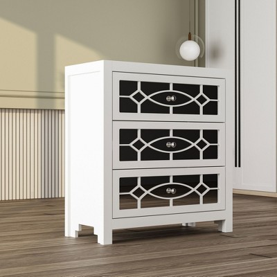 Famapy Modern Glam White Nightstand,3 Mirror - Front Drawers with Decorative Cutouts & Metal Knobs,End Table/Coffee Table
