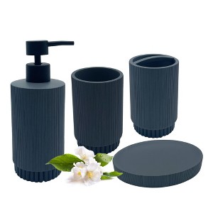 Cameo 4pc Bathroom Set, Soap/Lotion Dispenser, Soap Dish, Toothbrush Holder, Tumbler, Non-Slip Protective Silicone Feet - Grey/Black - 1 of 4