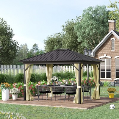 Cream White Metal Hardtop Gazebo with Curtains and Netting