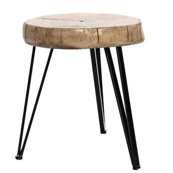 LuxenHome Natural Faux Wood Top with Black Metal Legs Side Table Brown