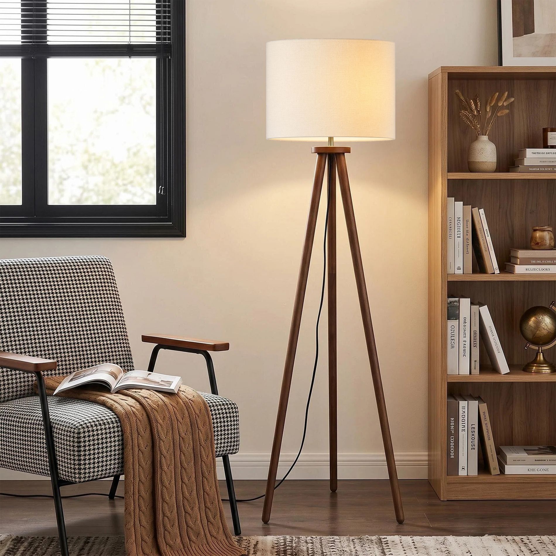 60.5" Sleek Nordic Tripod Floor Lamp, UL Certified, Solid Wood Base & Textured Linen Shade, Adjustable Accent Light for Hallway, Reading Nook,Beige