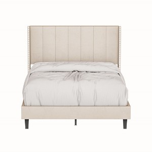 Bed Frame with Velvet Tufted Headboard, Wooden Slats Support Modern Platform Bed (Beige) - 1 of 4