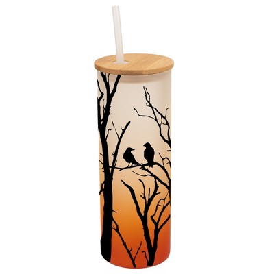 Elanze Designs Birds Resting on Tree Branches Wrap-Around Design 25 Ounce Frosted Gradient Glass On-The-Go Coffee Travel Skinny Tumbler Mug Cup,
