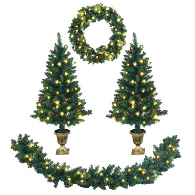 Costway 4pcs Pre-lit Christmas Decoration Set w/ Garland Wreath & Entrance Trees