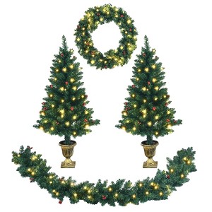 Costway 4pcs Pre-lit Christmas Decoration Set w/ Garland Wreath & Entrance Trees - 1 of 4