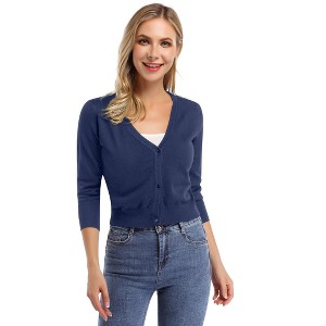Women Solid Button Down 3/4 Sleeve Cropped Bolero Cardigan Sweater - 1 of 4