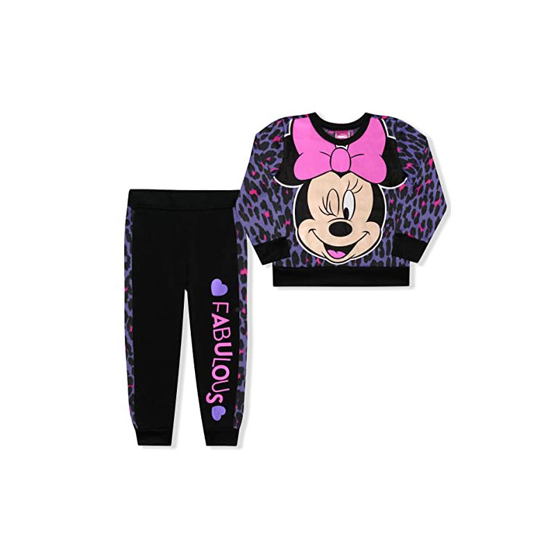 Disney Girl's 2-Pack Fabulous Minnie Mouse Graphic Pullover Sweatshirt and Jogger Pants Set, Leopard Print for toddler, 1 of 6
