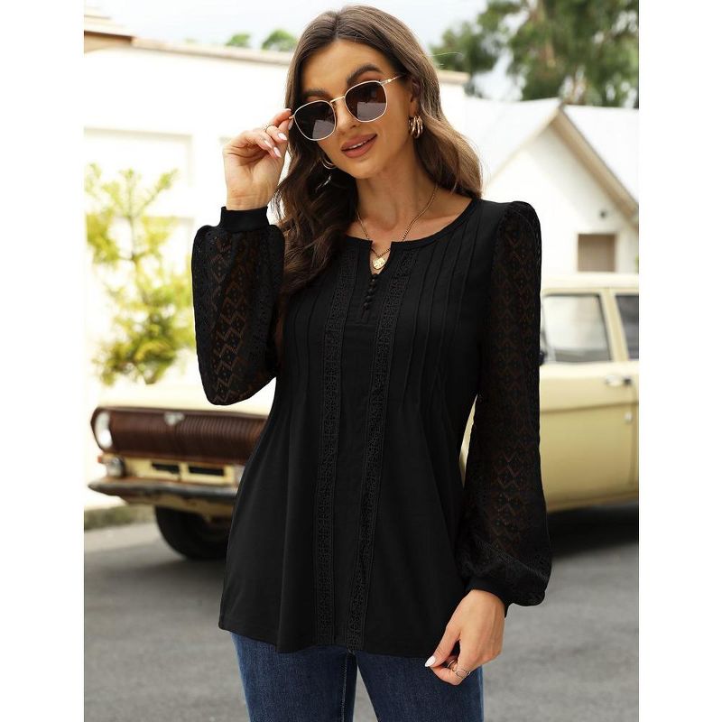 Women’s Crewneck Lace Crochet Eyelet Tops Long Sleeve Pleated T Shirts Casual Tunic Blouses, 3 of 7
