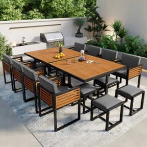 18-Piece Acacia Wood Patio Dining Set,Space-Saving Outdoor Furniture Includes 2 Tables,8 Chairs And 8 Ottomans-Maison Boucle - 1 of 4