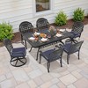 6-Person Cast Aluminum Patio Dining Set with Rectangle Table, 2 swivel chairs and 4 fixed dining chairs, Blue Cushions and Umbrella Hole - 2 of 4