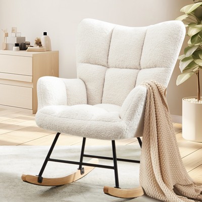 FONTOI Rocking Chairs, Upholstered Glider Rocker with Widen Curved Armrests, Rocking Armchair with High Backrest for Home, Beige, 27.5"*38.5"*36.2"