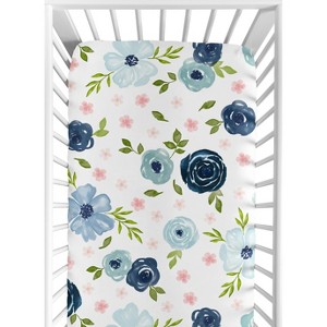 Sweet Jojo Designs Girl Baby Fitted Crib Sheet Watercolor Floral Blue Pink and Grey - 1 of 4