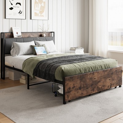 FURNIinspire Beds Vintage Full Bed Frame Queen Bed Frame with Storage Headboard, 2 Drawers, No Box Spring Needed, Brown, 81.18"*54.48"*38.78"