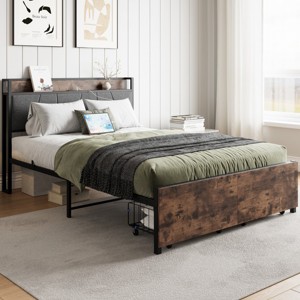 FURNIinspire Beds Vintage Full Bed Frame Queen Bed Frame with Storage Headboard, 2 Drawers, No Box Spring Needed, Brown, 81.18"*54.48"*38.78" - 1 of 4