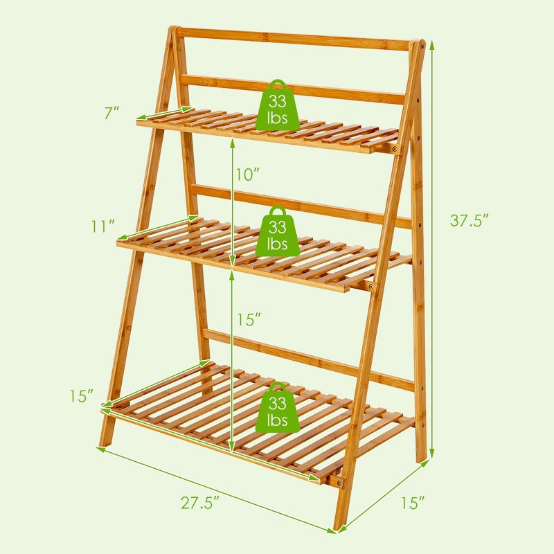 Costway Bamboo Ladder Plant Stand 3-Tier Foldable Flower Pot Display Shelf Rack Natural, 4 of 10