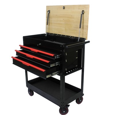 3 Drawer Rolling Tool Cart, Utility Tool Box on Wheels with Wooden Top, Mobile Tool Chest Cabinet for Garage Warehouse Workshop Repair Shop