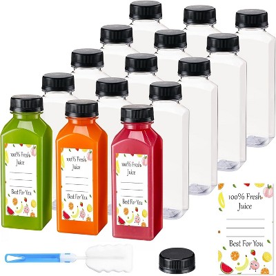 10Pcs 12oz Juice Bottles with Caps，Clear Reusable Water Bottle, Used for Juicing Bottles with 10Pcs Labels & Bottle Brush