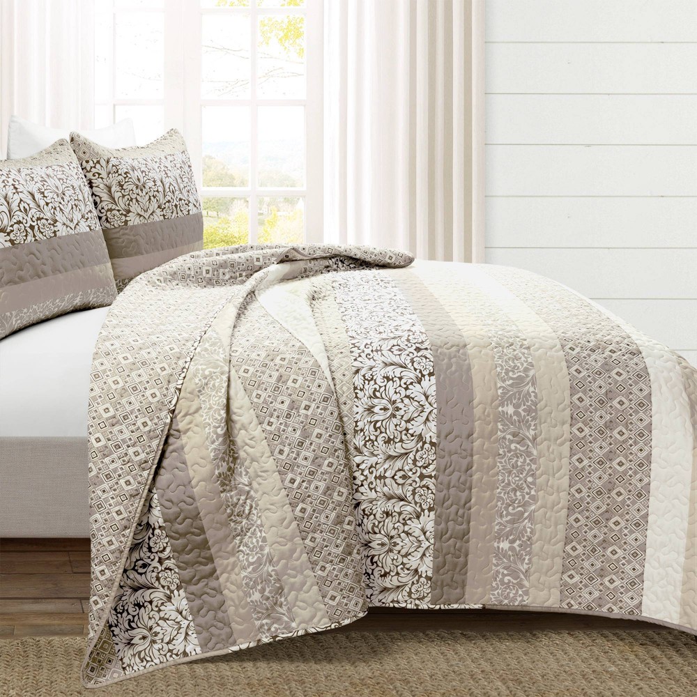 Photos - Bed Linen Lush Décor 3pc Full/Queen Boho Stripe Reversible Oversized Quilt Set Cream/Beige/Brown: Machine Washable, OEKO-TEX Certified