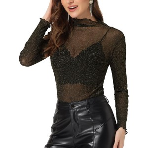 INSPIRE CHIC Women's Mesh Glitter Shiny Mock Turtleneck Long Sleeve Slim Party Shirts - 1 of 4