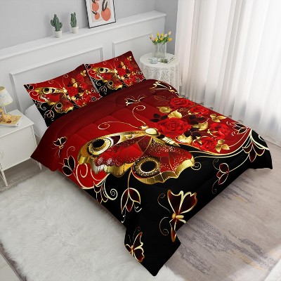 Acoinel Red Rose Butterflies Comforter Set with 1 Quilt 2 Pillowcases, for Valentine's Day Wedding Gifts