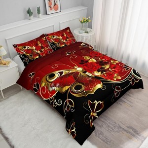 Acoinel Red Rose Butterflies Comforter Set with 1 Quilt 2 Pillowcases, for Valentine's Day Wedding Gifts - 1 of 4