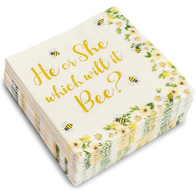 Sparkle and Bash 50 Pack Bee Gender Reveal Party Supplies, Disposable Paper Napkins 5 x 5 In