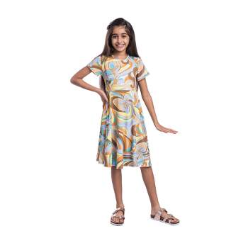 24seven Comfort Apparel Girls Yellow Print Knee Length Short Sleeve Flowy Dress