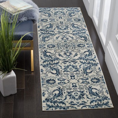 Ivory and Blue High Pile Synthetic Area Rug