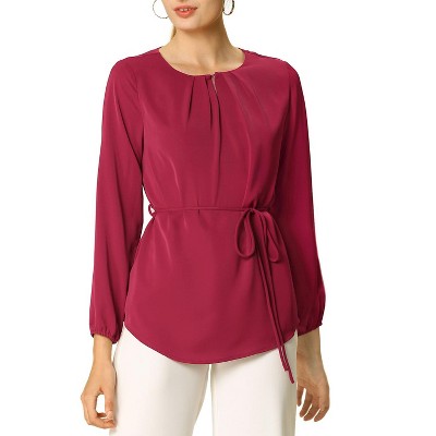 Allegra K Women's Basic Pleated Keyhole Round Neck Belted Waist Long Bishop Sleeve Tunic Top