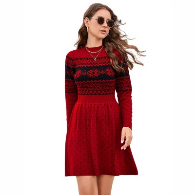 Coolmee Women's Fall Winter Casual Dress Crewneck Long Sleeve High Waist A-Line Mini Sweater Dress Red L