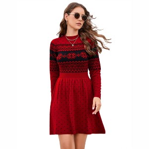 Coolmee Women's Fall Winter Casual Dress Crewneck Long Sleeve High Waist A-Line Mini Sweater Dress Red L - 1 of 4