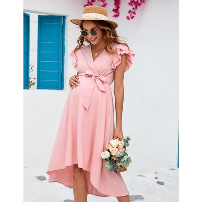 YesFashion Women's Maternity V Neck Ruffle Short Sleeve Wrap Dress Casual Flowy Nursing Breastfeeding Midi Dress with Belted