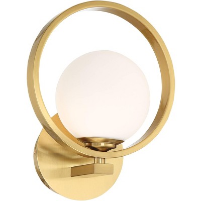 Possini Euro Design Mid Century Modern Wall Light Sconce LED Brass Hardwired 11 1/4" High Fixture Globe Glass for Bedroom Bathroom