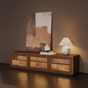 POVISON 71" Mid-Century Modern Wood Slatted TV Stand with LED lights, LED TV Stand, Walnut Color TV Console - 1 of 4