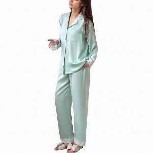 Anna-Kaci Lounge Women's Satin Long Sleeve Button Down Pajama Set with Chest Pocket and Lace Trim Hem Details - 1 of 4