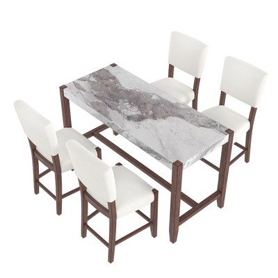 ChicFurnit Dining Sets Counter Height Faux Marble Table with Upholstered Chairs for Modern Spaces, Beige White, 51.25"*31.5"*5.1"