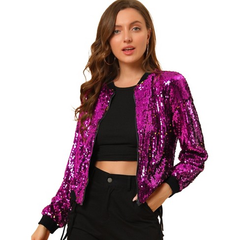 Allegra K Women's Sequin Sparkle Long Sleeve Zipper Bomber Jacket ...