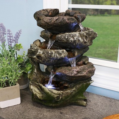 Rustic Dark Brown Polyresin 14" Tabletop Fountain with LED Lights