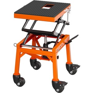 Heavy-duty hydraulic motorcycle lift, 350lb capacity. Features wide deck, J-hooks & 4 wheels. Foot-operated for easy use with ATVs and dirt bikes - 1 of 4
