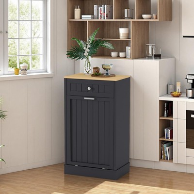 Tilt Out Trash Cabinet, 10 Gallon Kitchen Waste Bins, 1 Door Wood Free Standing Trash Cabinet, Recycling Cabinet with Hideaway Drawer for Living Room