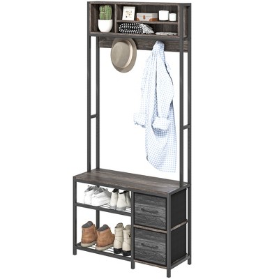 Weathered Gray Oak Hall Tree with Bench and Storage Drawers