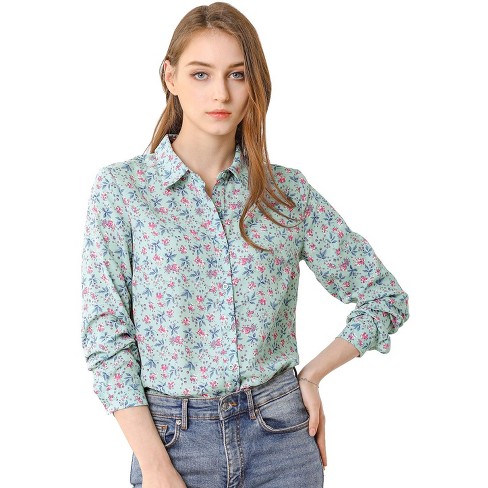 Women's Floral Button Down Shirt, Flower Print Long Sleeved Button