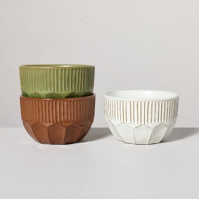 3pk 17oz Multi-Faceted Stoneware Mini Bowls Green/Brown/Cream - Hearth & Hand™ with Magnolia