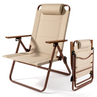 SKONYON Adjustable Folding Lounge Chair with Wood Grain Armrests – 3 Reclining Positions, Portable for Patio, Camping & Beach