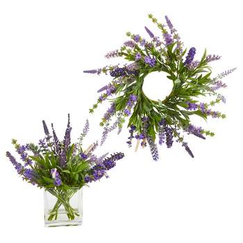 2pc Artificial Lavender 12" Arrangement and 14" Wreath Set Purple - Nearly Natural
