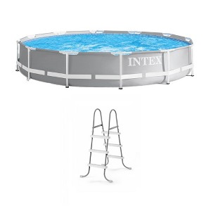 Intex Prism Frame 12 Foot x 30 Inch Round Above Ground Outdoor Swimming Pool Set for Backyards with 530 GPH Filter Pump and Steel Frame Pool Ladder - 1 of 4