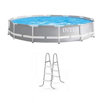 Intex Prism Frame 12 Foot x 30 Inch Round Above Ground Outdoor Swimming Pool Set for Backyards with 530 GPH Filter Pump and Steel Frame Pool Ladder