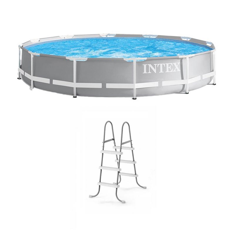 Intex Prism Frame 12 Foot x 30 Inch Round Above Ground Outdoor Swimming Pool Set for Backyards with 530 GPH Filter Pump and Steel Frame Pool Ladder, 1 of 7